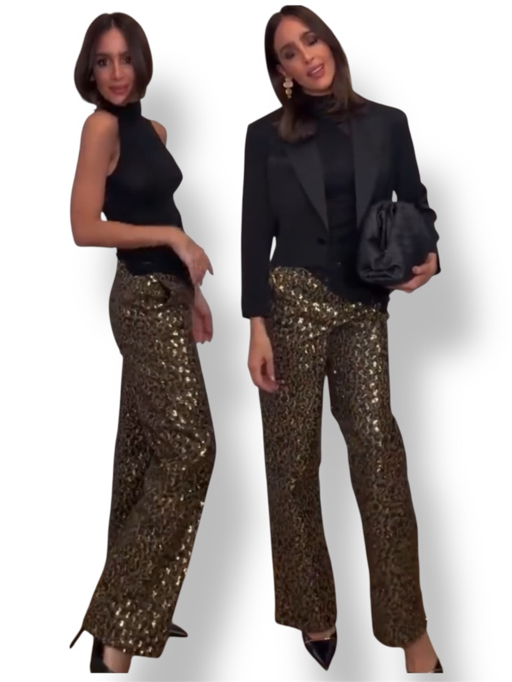 Zara NWT Leopard Sequin High Waisted Straight Leg Pants Gold Black Size M